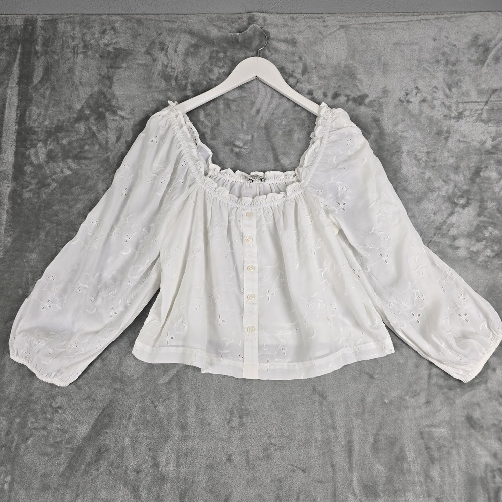 American‎ Eagle Women's Eyelet Puff Sleeve Crop Blouse Medium White Cottagecore